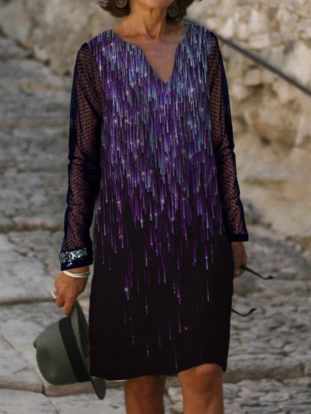 

Long Sleeve Abstract Printed Mesh Plus Size Casual Dresses, Black-purple, Mini Dresses