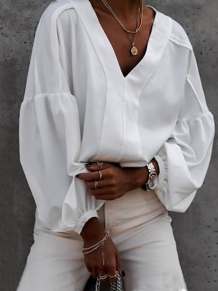

Loosen V Neck Long sleeve tops, White, Tops