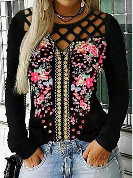 

Floral Crew Neck Pastoral Cotton Blends Romantic Regular Fit Shirts & Tops, Black, T-Shirts