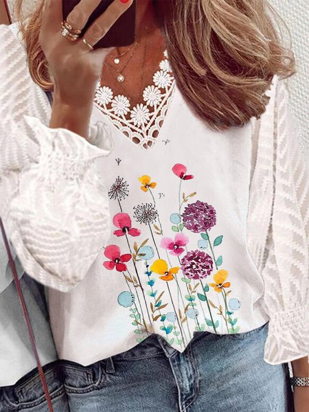 

Floral Printed Lace V Neck Loosen Long Sleeve Casual Shirts & Tops, White, Tops