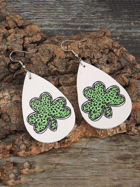 Water Drop Leather Clover Clover Earrings, Green, Earrings