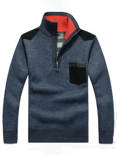 

Plus velvet padded pullover large size stand-up collar half zipper sweater sweater, Blue, Sweaters