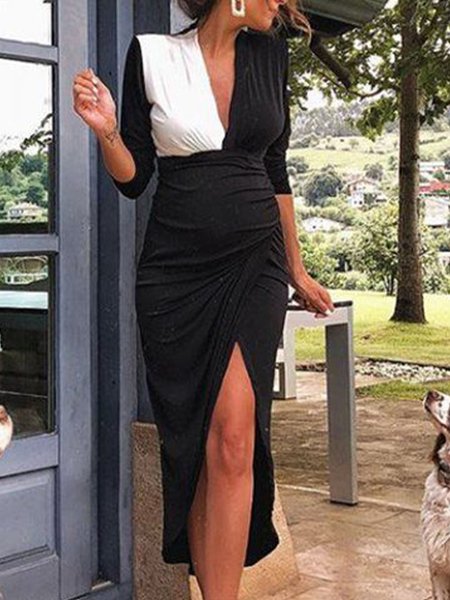 

V Neck Color Block Skinny Midi Dress, Black, Maxi Dresses