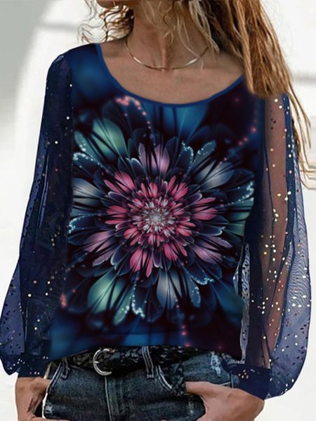 

Mesh Long Sleeve Floral Crew Neck Plus Size Casual Tops, Multicolor, T-Shirts
