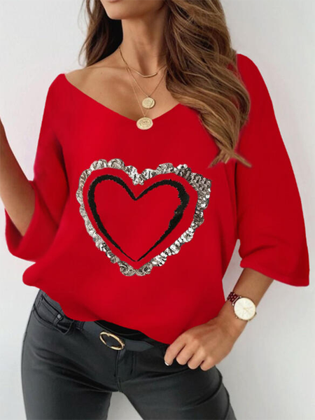 

Heart Long Sleeve Casual Plus Size Shirts & Tops, Red, Tops