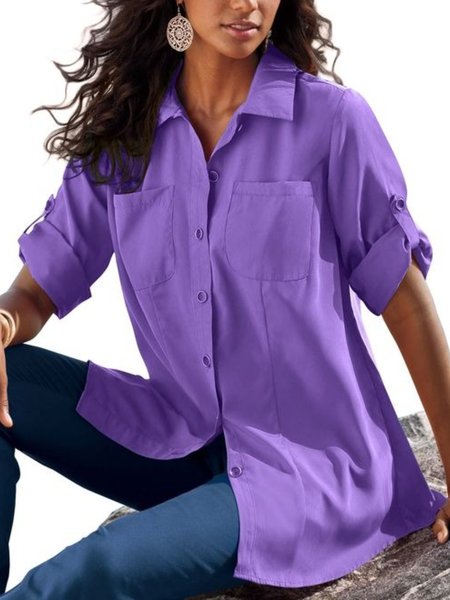 

Casual Long Sleeve Shirt Collar Plus Size Tops Blouses, Purple, Blouses & Shirts