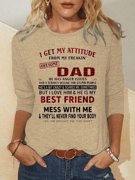 

I Get A Awesome Dad Print Crew Neck Long sleeve tops, Apricot, Long sleeves