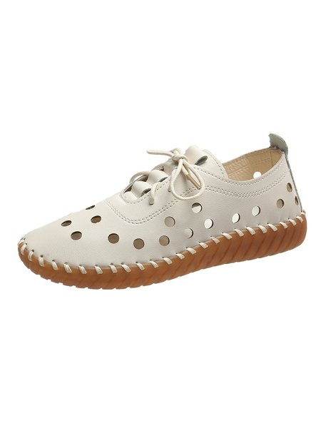 

Hollow Vamp Woven Sole Lace-up Casual Shoes, White, Flats