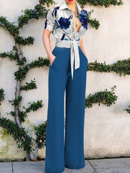 

Shirt Floral Color Block Collar One-Pieces Jumpsuit, Blue, Jumpsuits