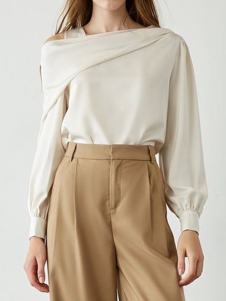 

Asymmetrical Neck Elegant Regular Fit Top, Beige, Tops