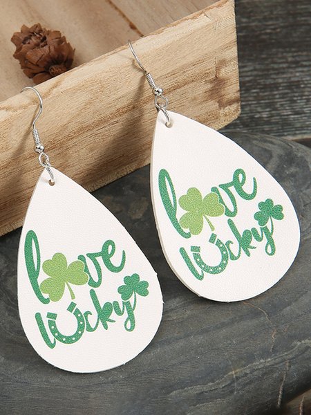 Water Drop Leather Clover Clover Earrings, Green, Earrings
