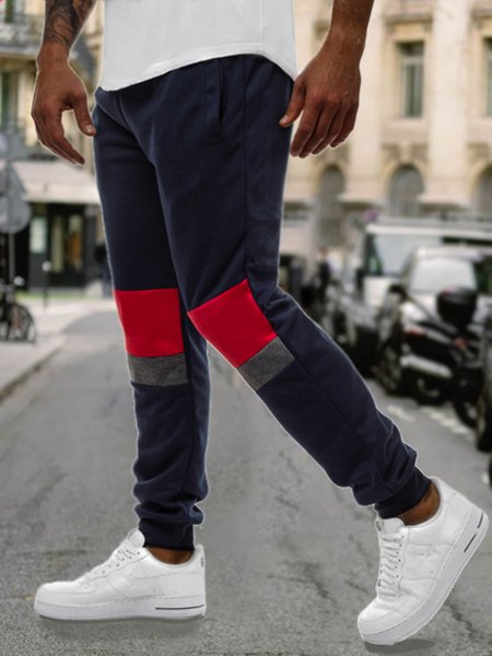 Men's Stretch Waist Stitching Contrast Sports Sports Pants, Navy blue, Bottom