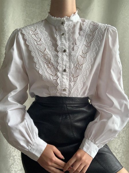 Stand Collar Solid Work White Shirt, Blouses and Shirts