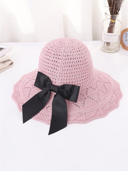 

Hollow Knitted Bow Beach Hat, Pink, Women Hats