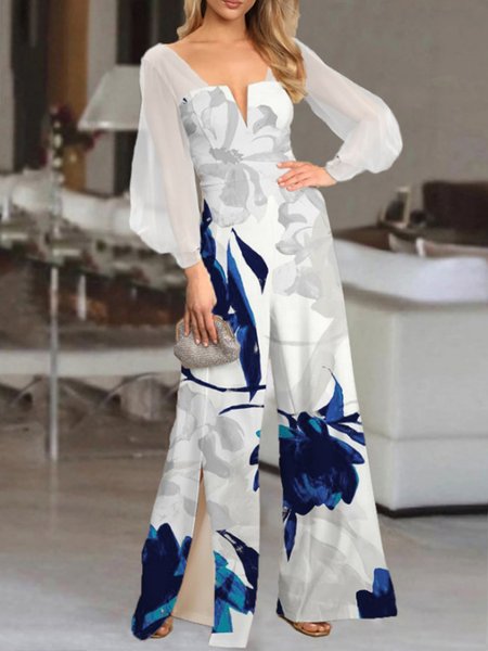

Elegant V Neck Floral Printed Jumpsuit & Romper Jumpsuit, Blue, Jumpsuits