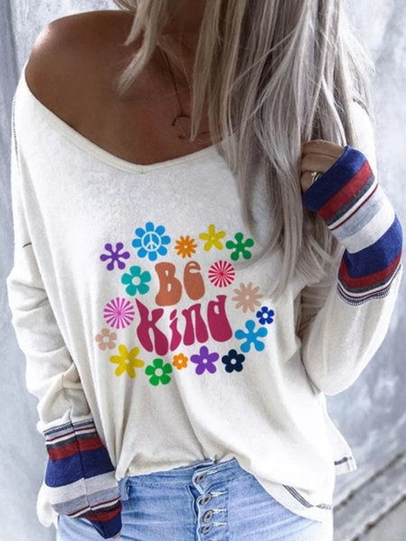 

Casual Long Sleeve V Neck Plus Size Printed Tops T-shirts, White, T-Shirts