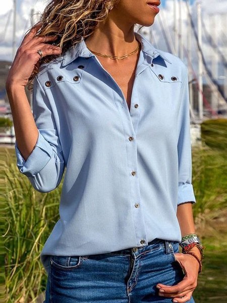 

Plus Size Casual Loosen Solid Long Sleeve Loosen Shirts & Tops, Blue, Blouses & Shirts