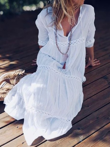 

Plus Size Casual V neck Loosen Lace Solid Maxi Dresses, White, Maxi Dresses