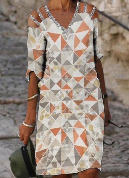 

Loosen V Neck Cotton Blends Casual Flora Geometric Dresses, Flower, Mini Dresses