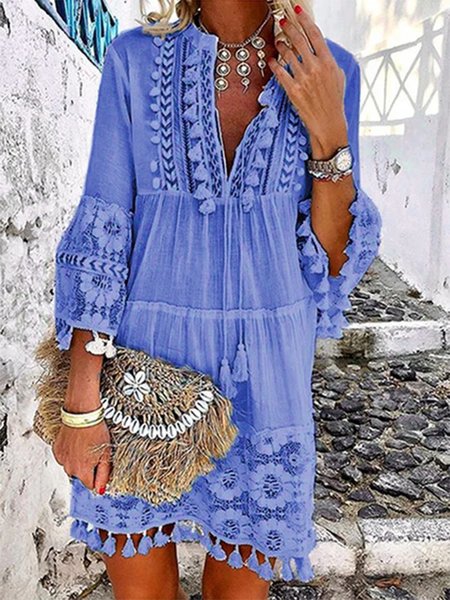 

3/4 Sleeve V Neck Holiday Boho Smock Dress, Blue, Basic Dresses