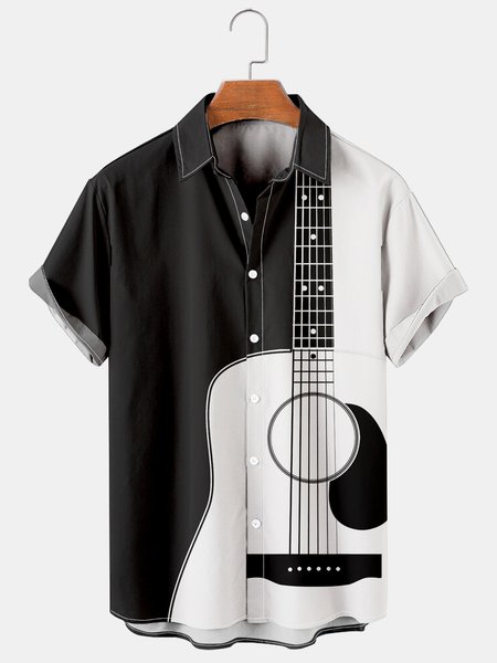 

Mens Folk Pop Guitar Print Casual Breathable Chest Pocket Short Sleeve Hawaiian Shirts, Black, Men's Floral shirt