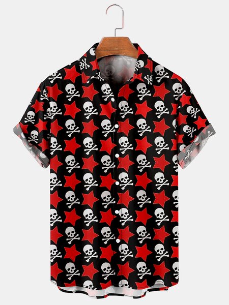 

Mens Funky Skull Stars Rock Roll Print Casual Breathable Short Sleeve Hawaiian Shirts, Black, Men's Floral shirt