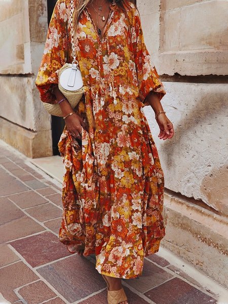 

Floral Loosen V Neck Dresses, Yellow, Maxi Dresses