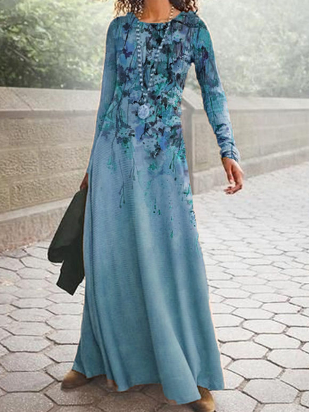

Retro Women's Printed Long Sleeve Dress Long Skirt, 2#, Maxi Dresses