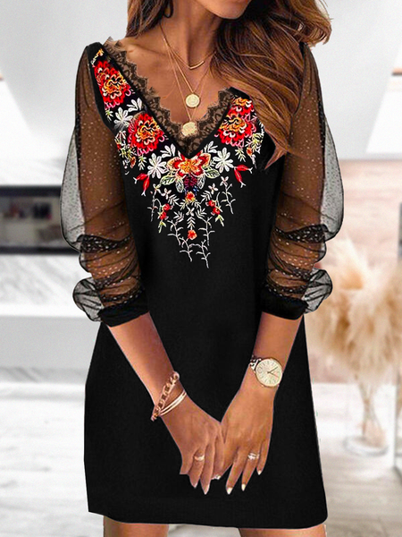 

Embroidered Mesh Regular Fit V Neck Dresses, Black, Mini Dresses