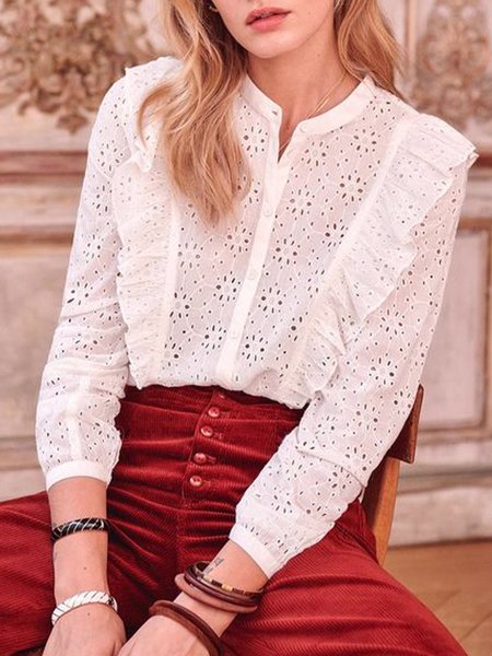 

Daily Elegant Stand Collar Polyester Cotton Shirt, White, Blouses and Shirts
