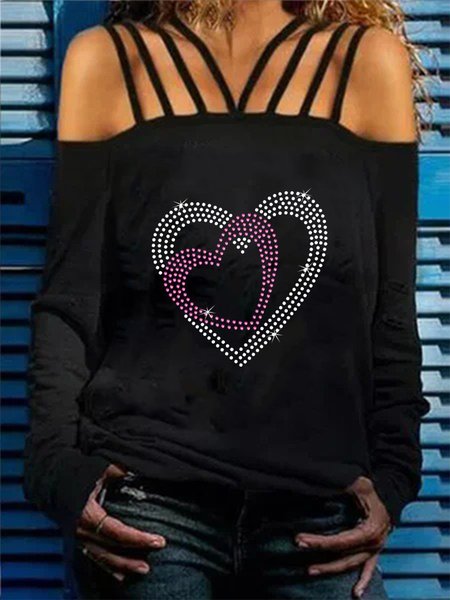 

Love Heart Long Sleeves Off Shoulder Plus Size Casual Tops, Black, T-Shirts
