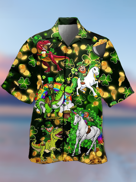 

Holiday Leisure St. Patrick's Day Element Four-Leaf Clover And Animal Print Hawaiian Style Printed Shirt Top, As picture, Men's Floral shirt