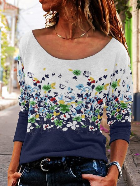 

Gradient floral print round neck long-sleeved shirt, As picture, Long sleeves