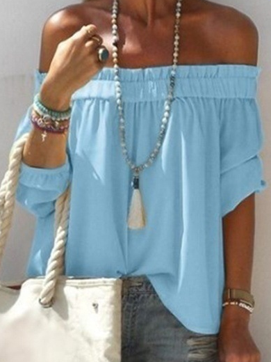 

Fashion casual one-neck top three-quarter sleeve chiffon T-shirt, Blue, Tops