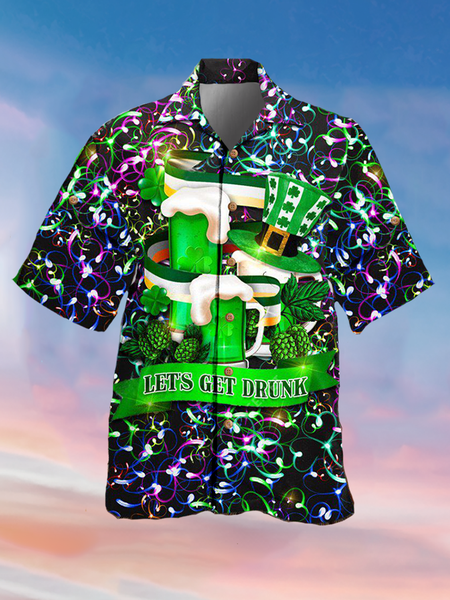 

Holiday Leisure St. Patrick's Day Element Green Four-Leaf Clover Pattern Hawaiian Style Printed Shirt Top, As picture, Men's Floral shirt