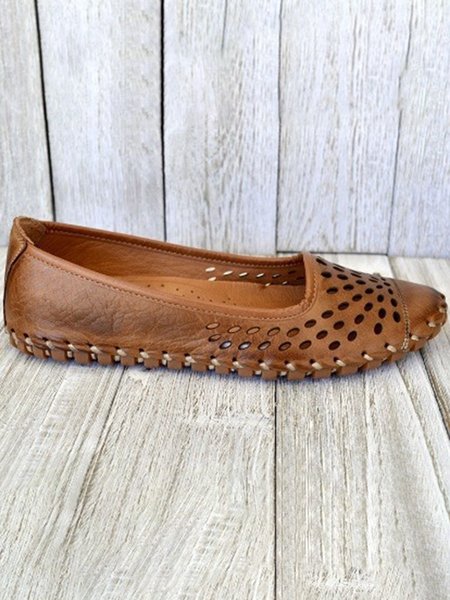 

JFN Retro Distressed Hollow Woven Flat Shoes, Brown, Flats