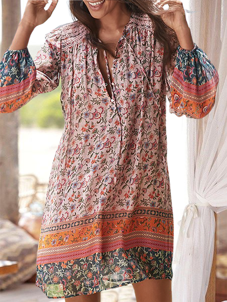 

Long Sleeve Casual Holiday Floral Boho Dresses, Multicolor, Mini Dresses