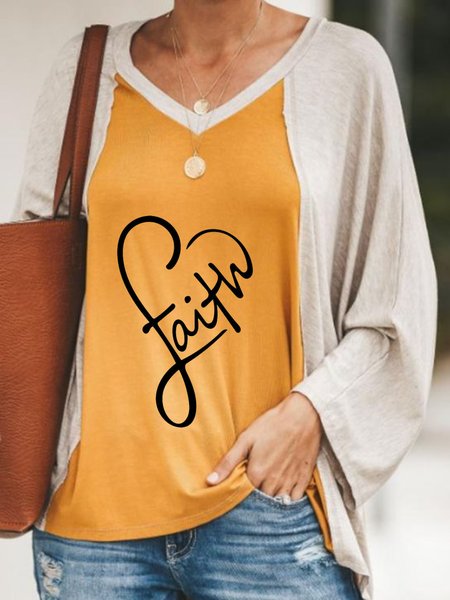 

Casual Long Sleeve V Neck Plus Size Printed Tops T-shirts, Yellow, T-Shirts