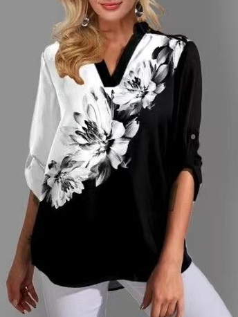 

Floral Print Temperament Top Floral Loosen Shirts & Tops, Black-white, Long sleeve tops