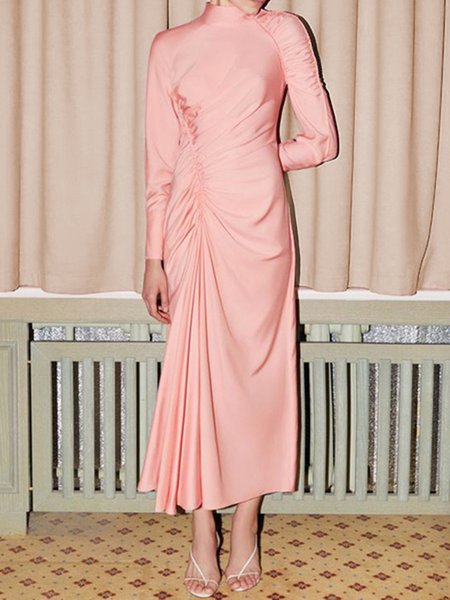 

Elegant Solid Long sleeve Formal Dress, Light pink, Maxi Dresses