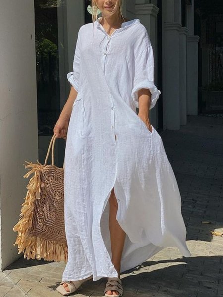 

Plus Size Casual Solid Pocket Loosen Long Sleeve Long sleeve Woven Dress, White, Maxi Dresses
