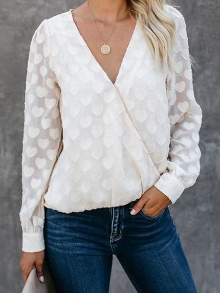

Heart Chiffon V Neck Casual Solid Shirts & Tops, White, Blouses & Shirts