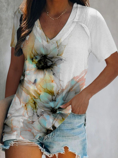 

V Neck Vacation Cotton Blends Shirts & Tops, White, Tops
