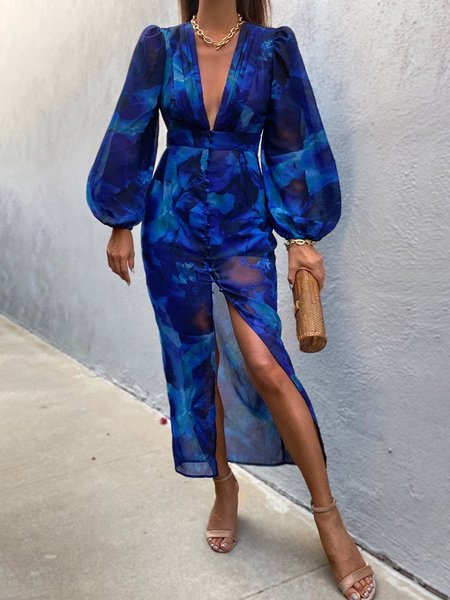 

Elegant V neck Regular Fit Long sleeve Dress, Blue, Maxi Dresses