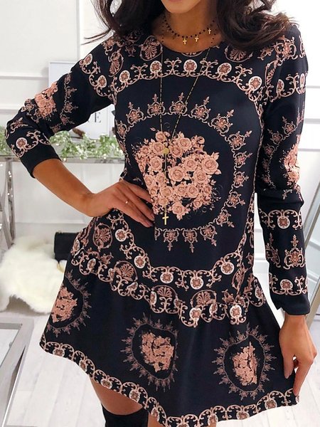 

Ethnic print casual long-sleeved round neck dress, Purplish blue, Mini Dresses
