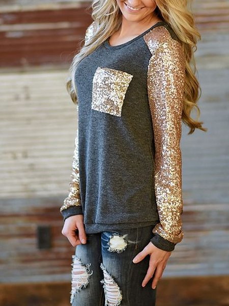 

Sequin glittering stitching design spring ladies blouse, Multicolor, Long sleeve tops