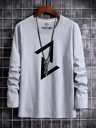 

Casual plus size geometric line printing long-sleeved t-shirt, Light gray, T-shirt