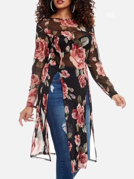 

Crew Neck Long sleeve Floral Casual Top, Black, Tops