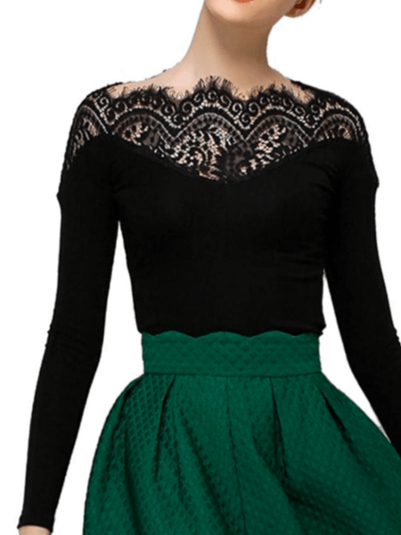 

Spring Boat Neck Elegant Long sleeve Daily Lightweight Tops, Black, Tees