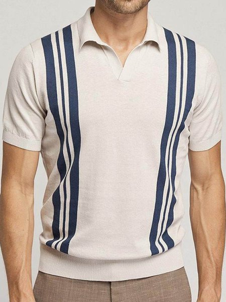 

Striped Slim-Collar Short Sleeve Polo Shirt, Beige, Men's t-shirts